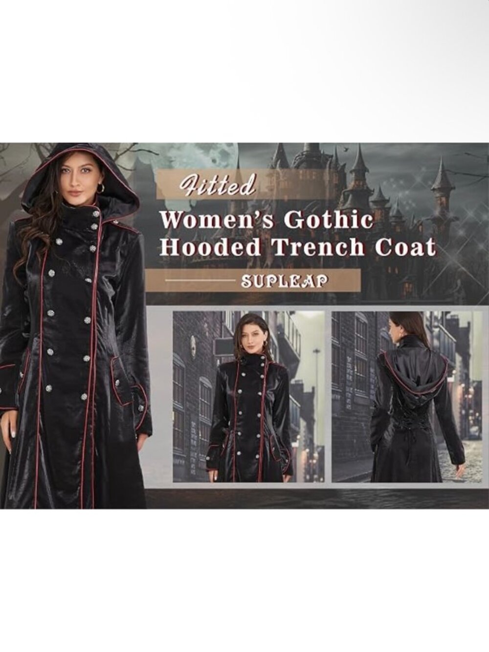 Supleap Gothic Hooded Trench Coat Jacket Black The Matrix Pirate Vampire Costume